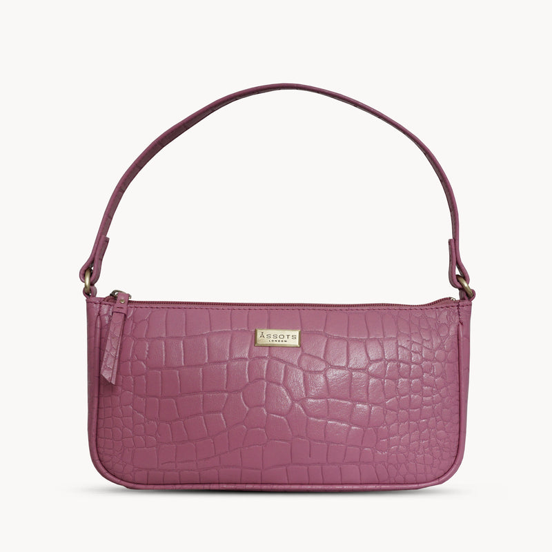 'ZARA' Pink Designer Croc Real Leather Baguette Shoulder Bag