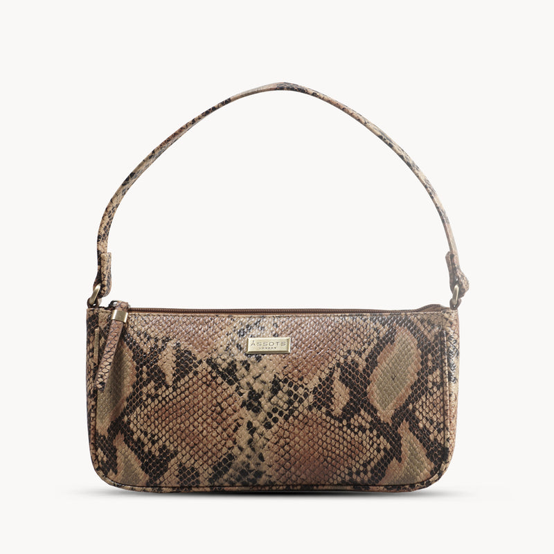'ZARA' Tan Snake Print Real Leather Baguette Shoulder Bag