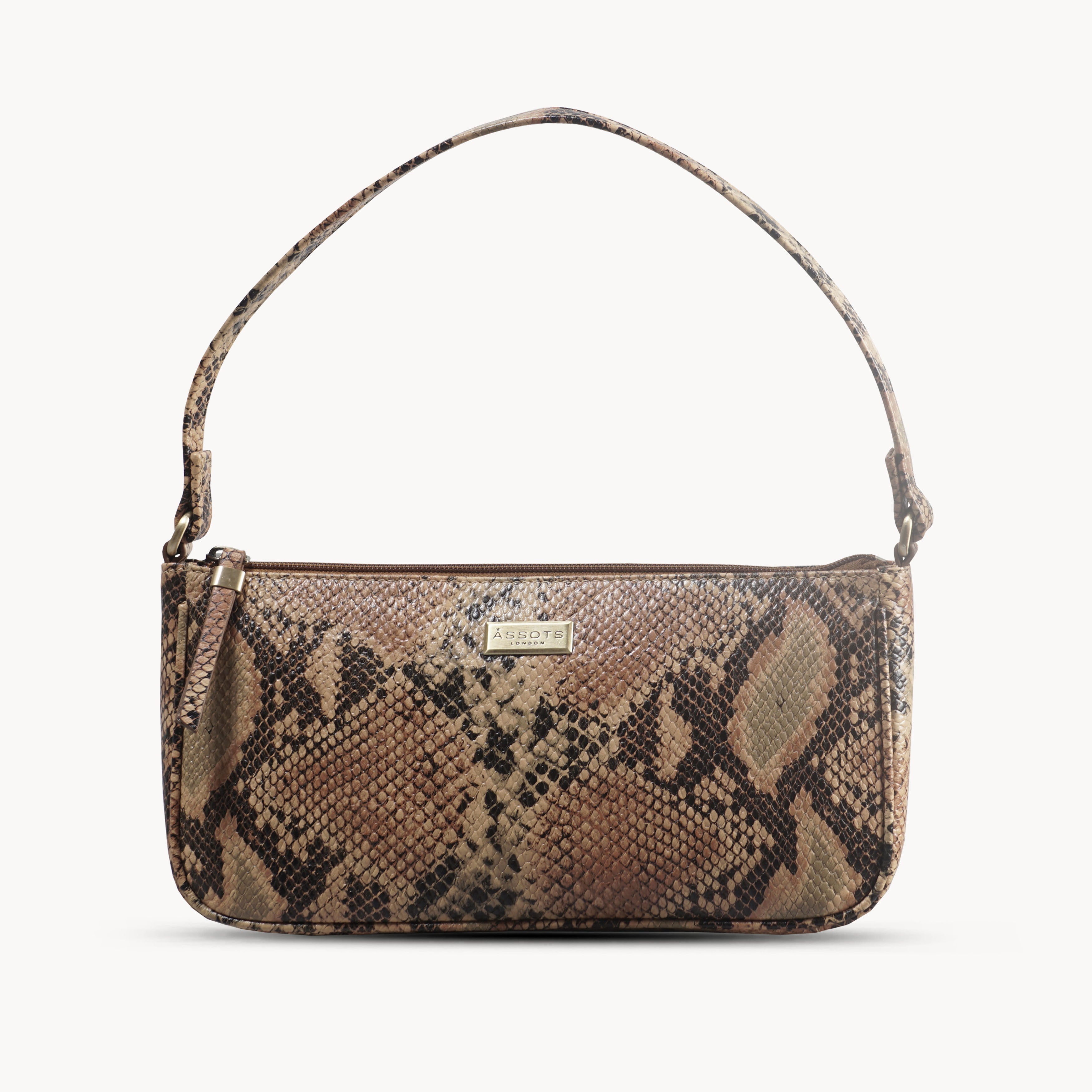 'ZARA' Tan Snake Print Real Leather Baguette Shoulder Bag