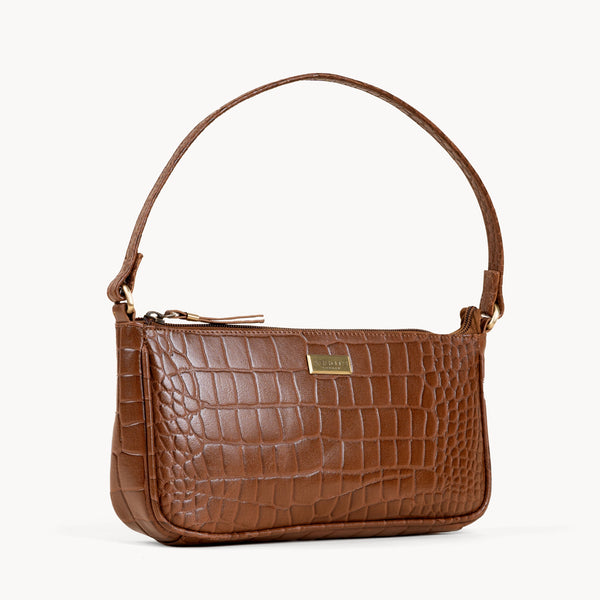 'ZARA' Brown Croc Real Leather Baguette Shoulder Bag