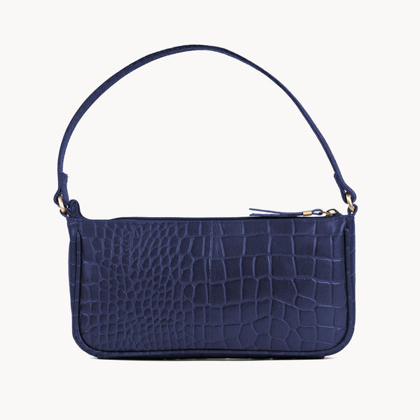 'ZARA' Navy Croc Real Leather Baguette Shoulder Bag