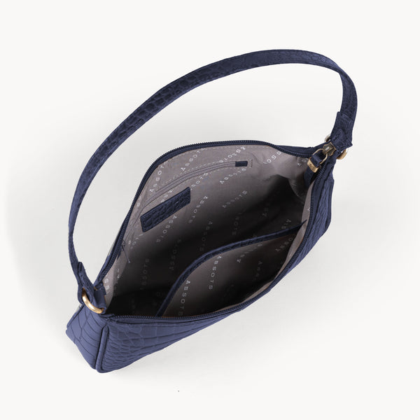 'ZARA' Navy Croc Real Leather Baguette Shoulder Bag