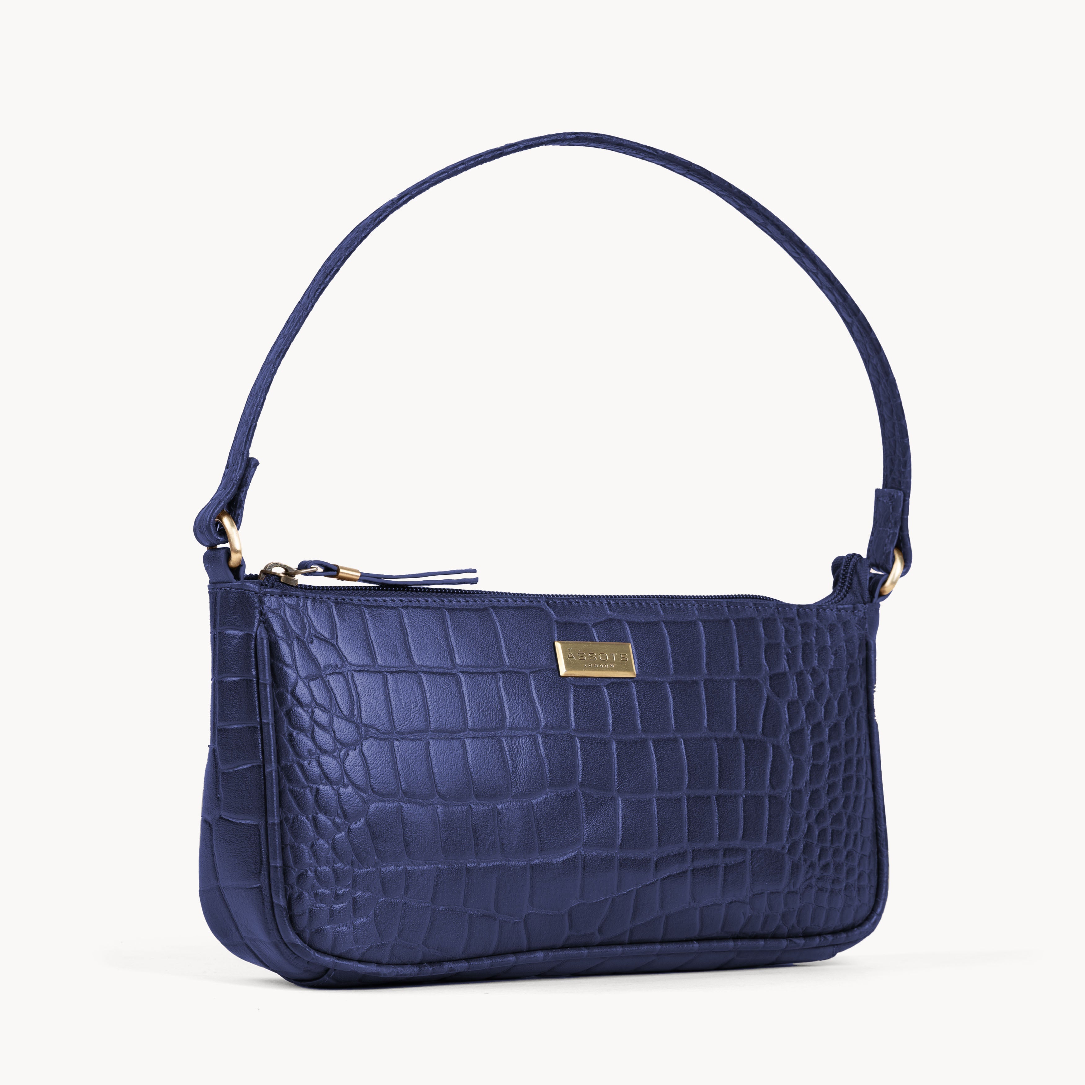 'ZARA' Navy Croc Real Leather Baguette Shoulder Bag