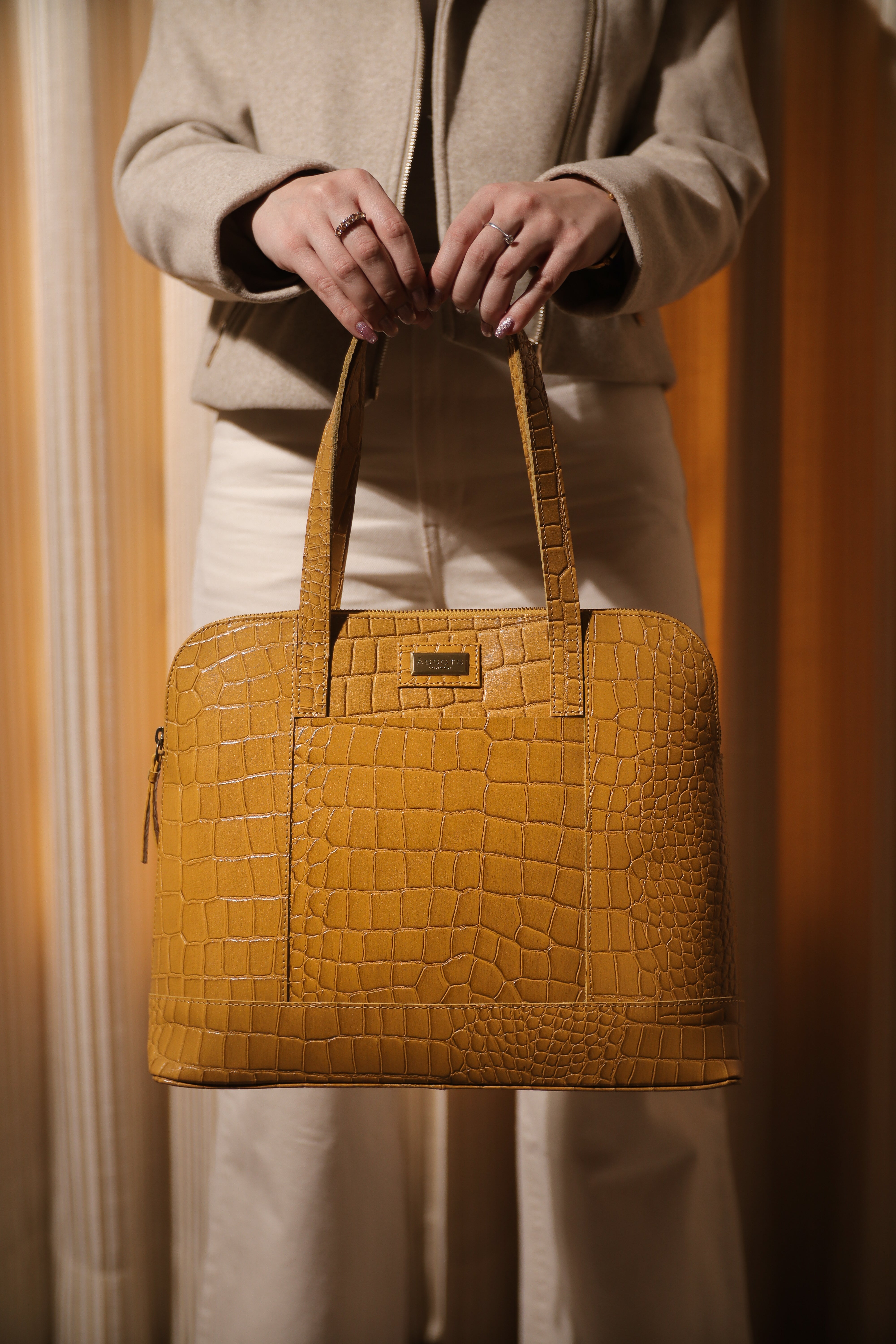 'Eva' Mustard Croc Real Leather Designer Unlined Tote Bag