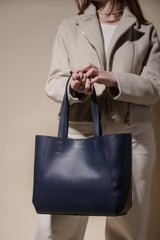 'ADELA' Navy Smooth Real Leather Unlined Designer Tote Bag