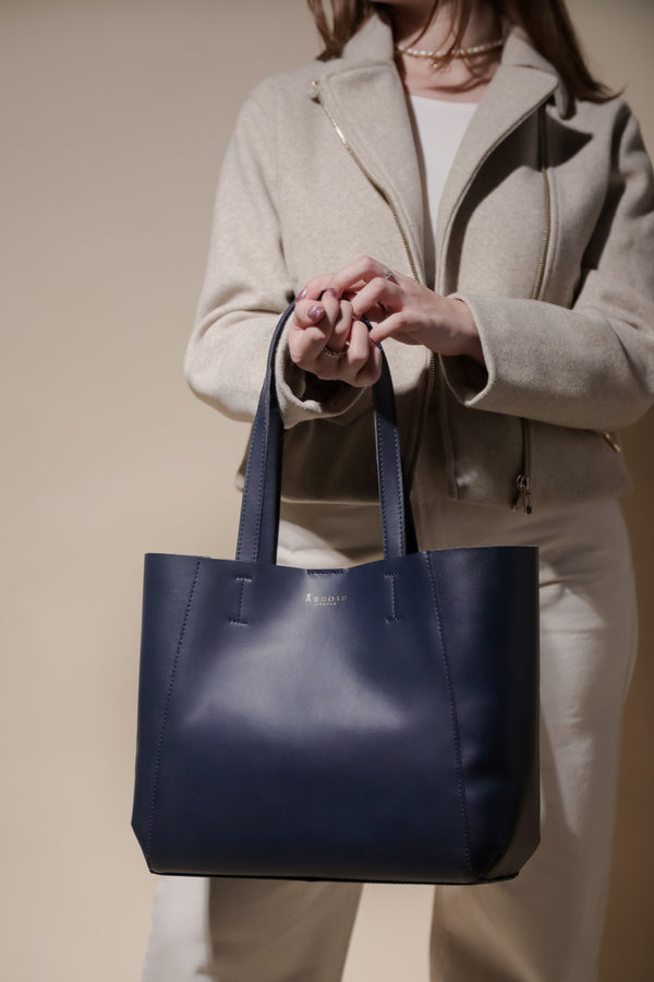 'ADELA' Navy Smooth Real Leather Unlined Designer Tote Bag