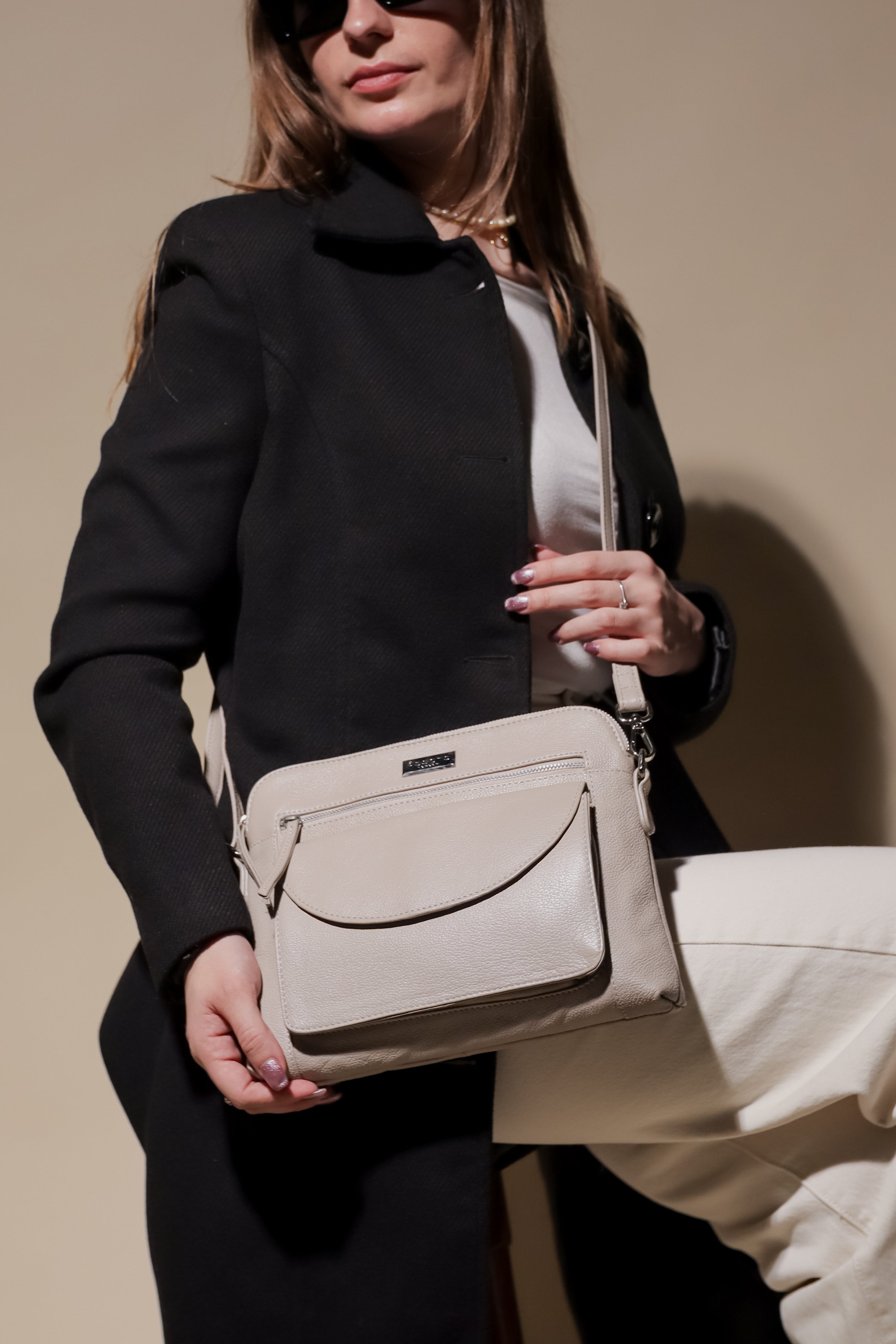 'JEAN' Light Ice Grey Real Soft Pebble Grain Leather Crossbody Bag