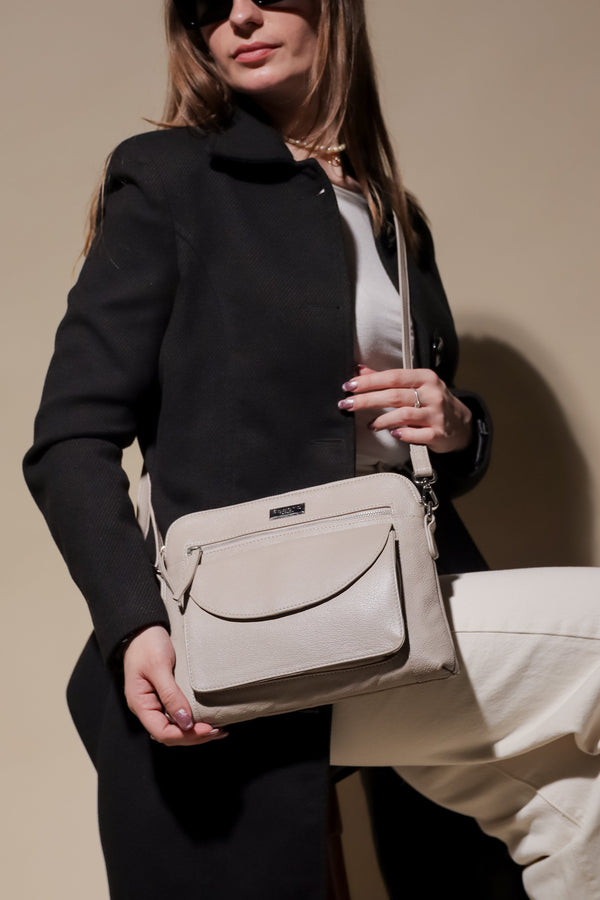 'JEAN' Light Ice Grey Real Soft Pebble Grain Leather Crossbody Bag