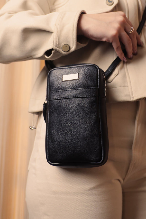 'LEO' Black Nappa Real Leather Crossbody Mobile Phone Bag