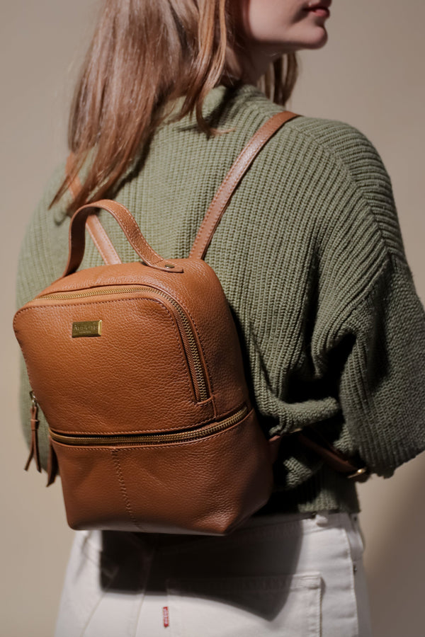'ELLA' Tan Pebble Grain Mini Real Leather Backpack for Women
