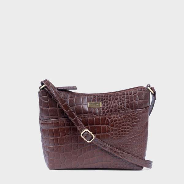 'CAROL' Brown Croc Real Leather Designer Crossbody Shoulder Bag
