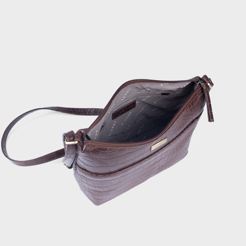 'CAROL' Brown Croc Real Leather Designer Crossbody Shoulder Bag