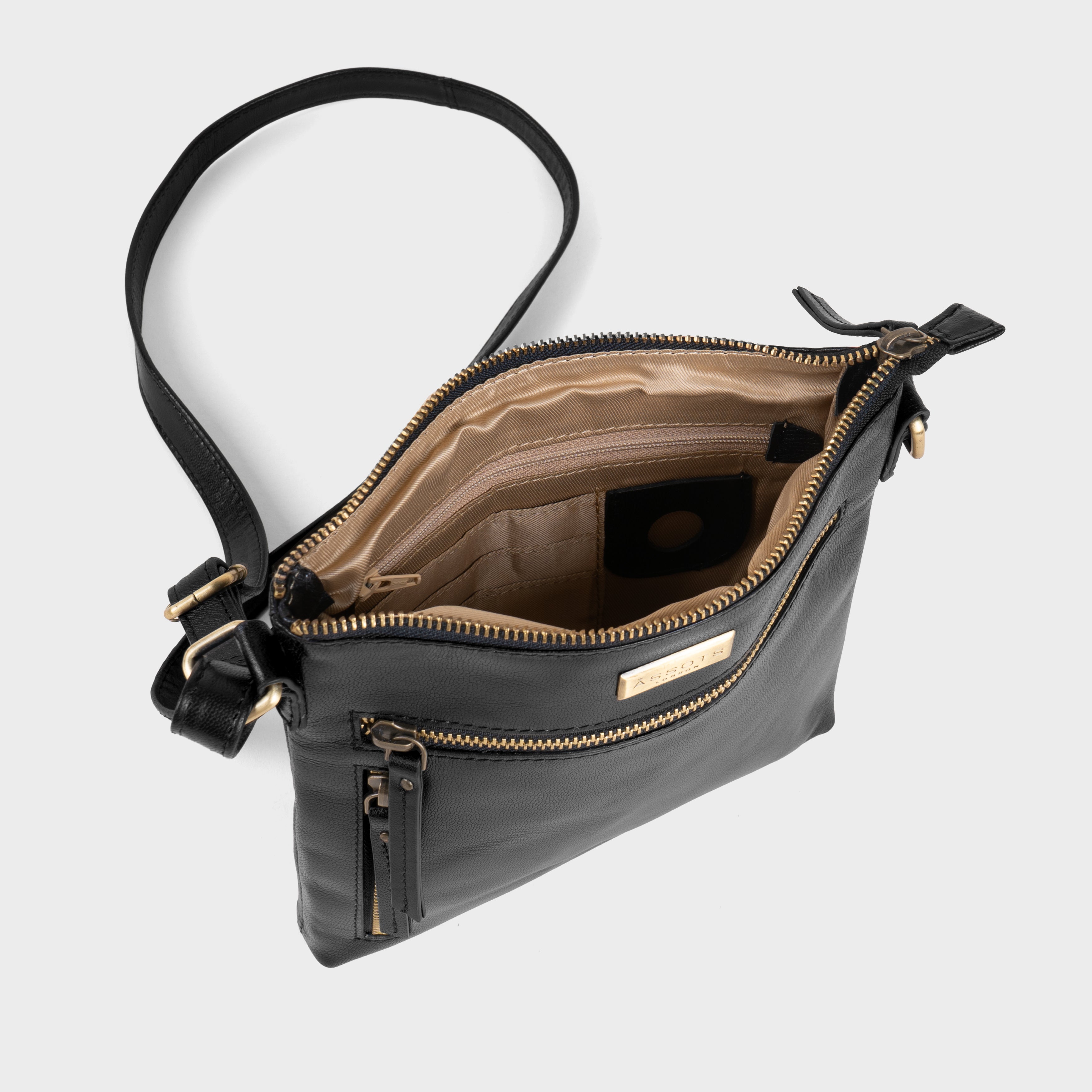 'RUE' Black Polished VT Real Leather Crossbody Bag