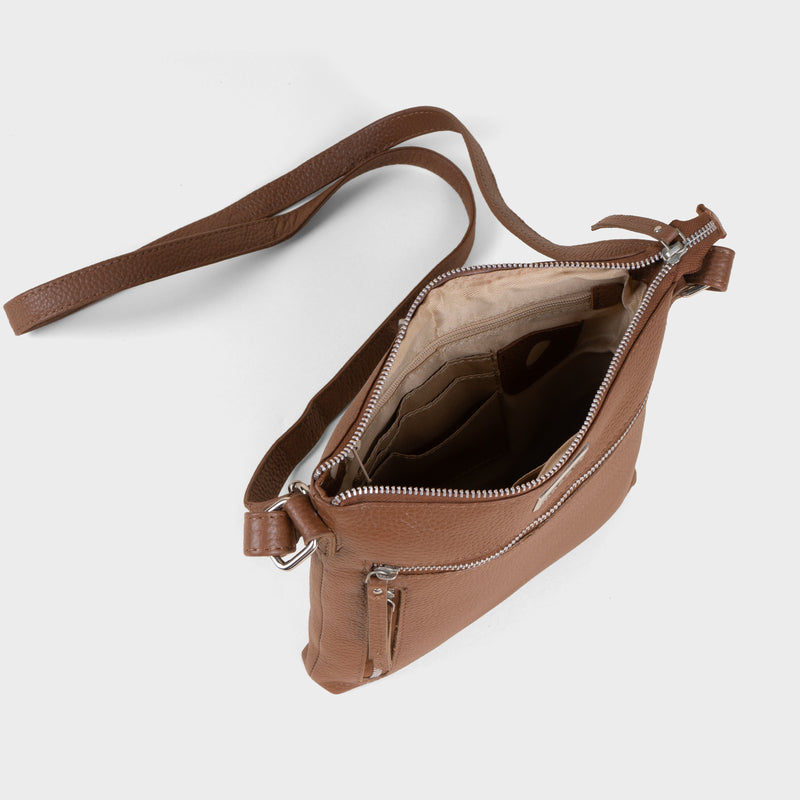 'RUE' Tan Pebble Grain Real Leather Crossbody Bag