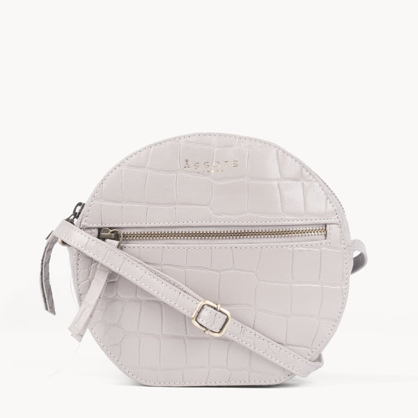 'Jane' Ice Grey Croc Leather Round Designer Crossbody Bag