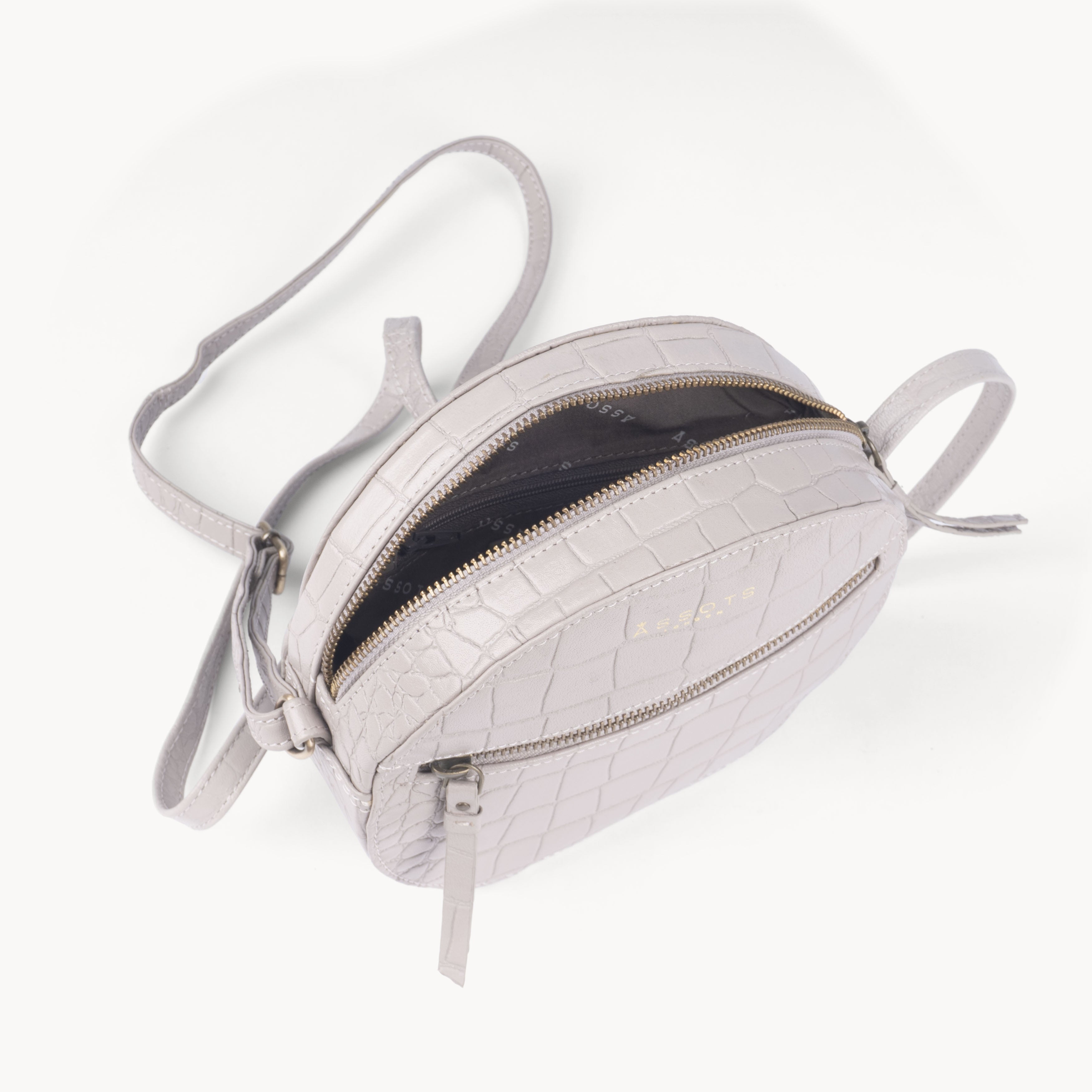 'Jane' Ice Grey Croc Leather Round Designer Crossbody Bag