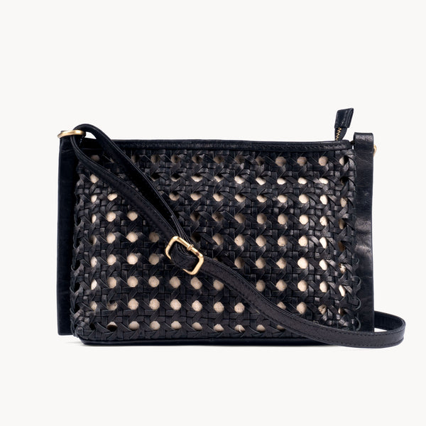 'LEATHER LOOM' Black Real Leather Woven Crossbody Bag