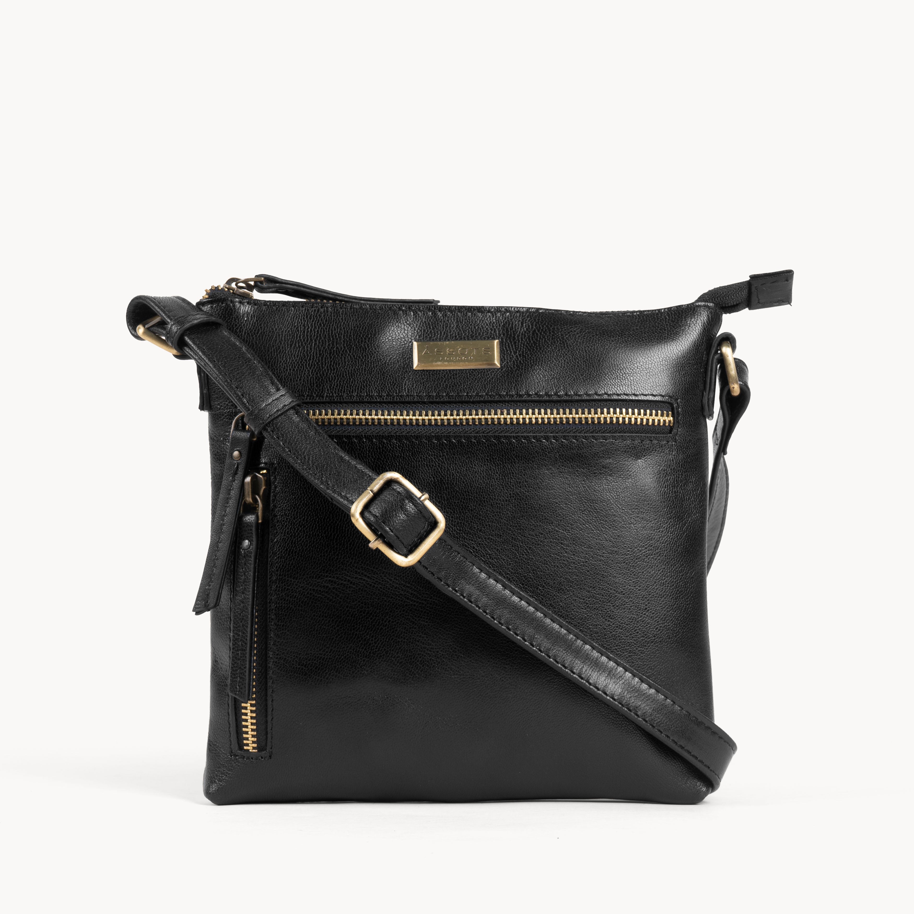 'RUE' Black Polished VT Real Leather Crossbody Bag