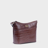 'CAROL' Brown Croc Real Leather Designer Crossbody Shoulder Bag