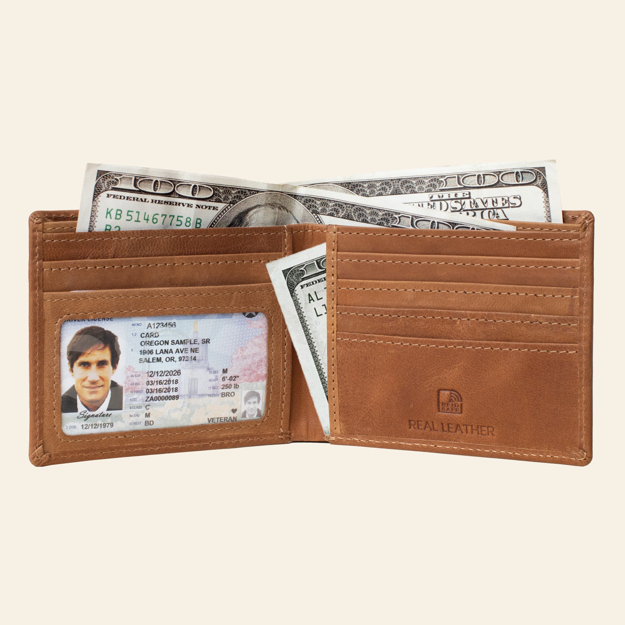 'JACK' Tan Real Leather Men's RFID Slim Bifold Wallet