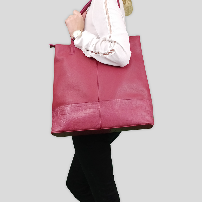 'SIENNA' Carmine Pink Croc + Pebble Grain Unlined Leather Tote Bag