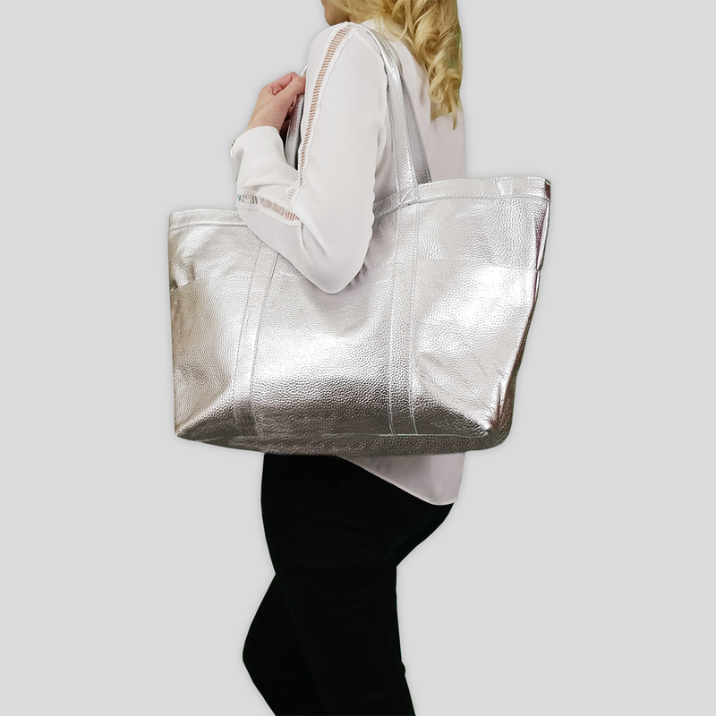 Silver leather tote bag sales
