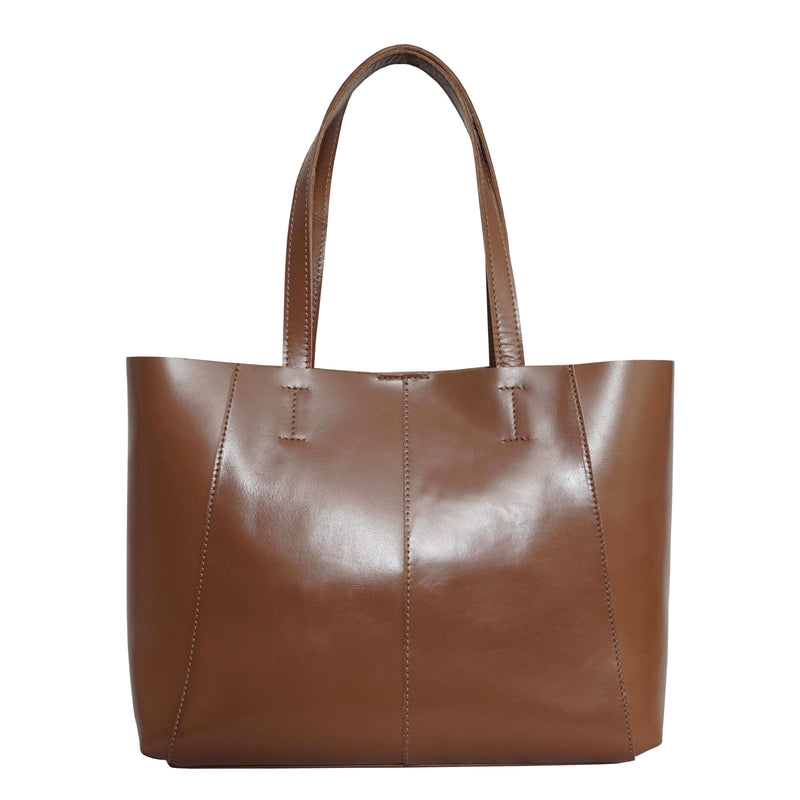 'ADELA' Tan Smooth Real Leather Unlined Designer Tote Bag
