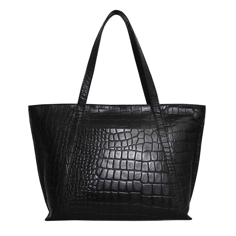 'AGNES' Black Croc Real Leather Designer Tote Bag