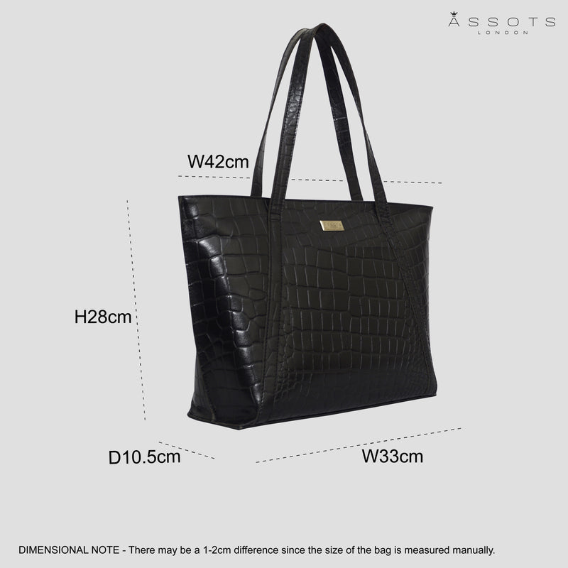 'AGNES' Black Croc Real Leather Designer Tote Bag