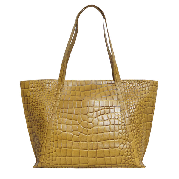 'AGNES' Ochre Mustard Croc Real Leather Designer Tote Bag