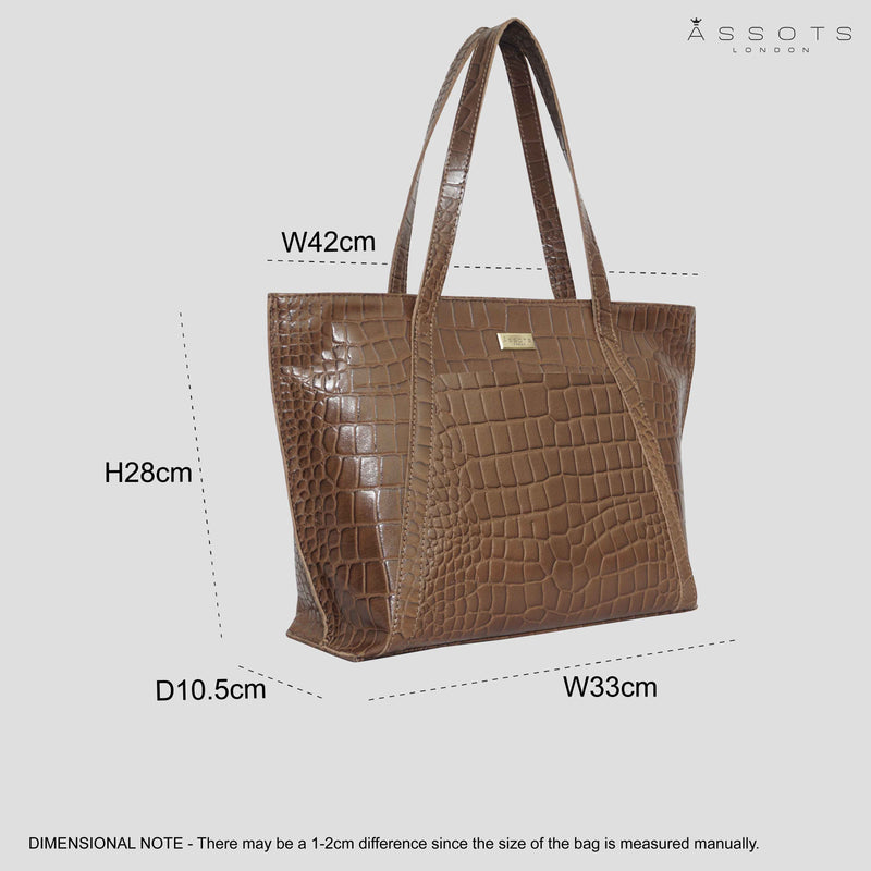 'AGNES' Tan Croc Real Leather Designer Tote Bag
