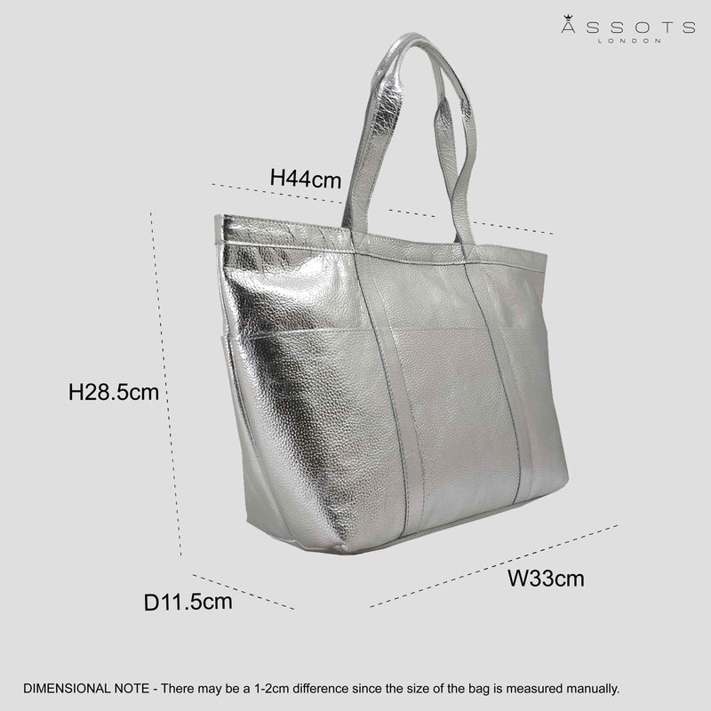 'ALICE' Silver Metallic Semi Soft Full Grain Oversized Leather Shopper Bag