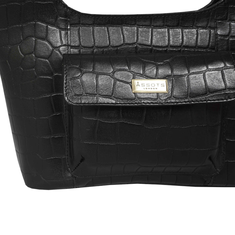 'Amanda' Black Real Croc Textured Leather Designer Shoulder Bag
