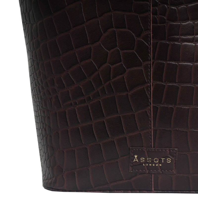'AMELIA' Burgundy Real Croc Leather Large Capacity Bucket Bag