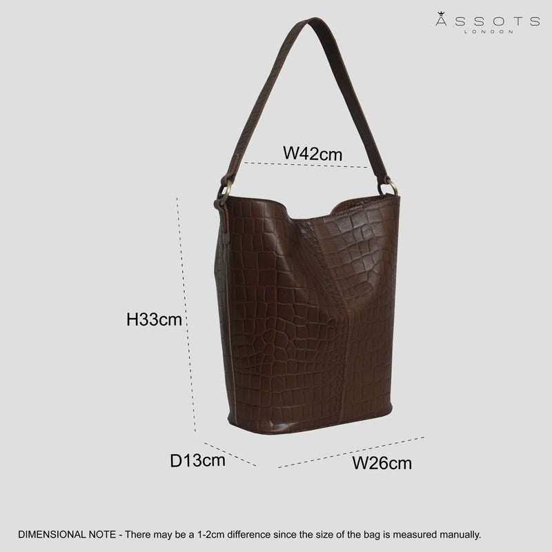 'AMELIA' Tan Real Croc Leather Large Capacity Bucket Bag