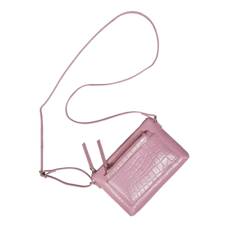 'ARIA' Pink Croc Real Leather Crossbody Bag & Purse Set