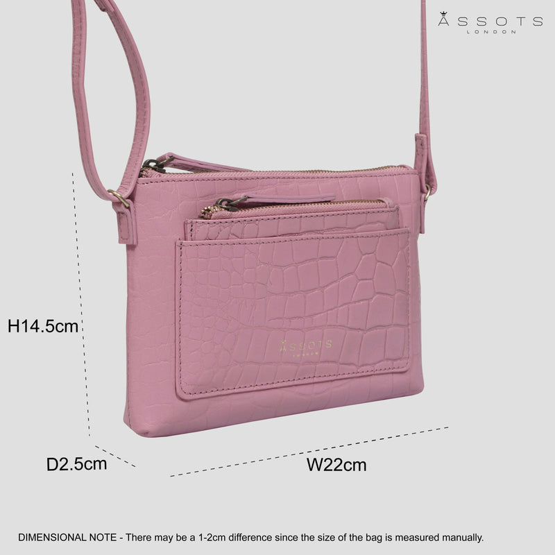 'ARIA' Pink Croc Real Leather Crossbody Bag & Purse Set