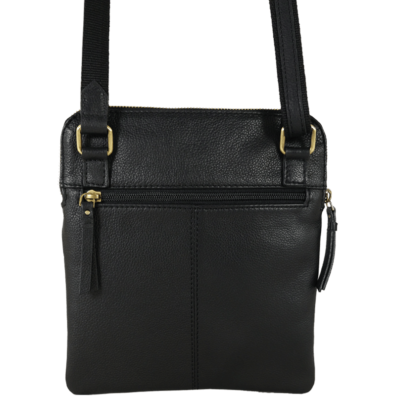 'ELSIE' Black Pebble Grain Leather Zip Top Crossbody Bag