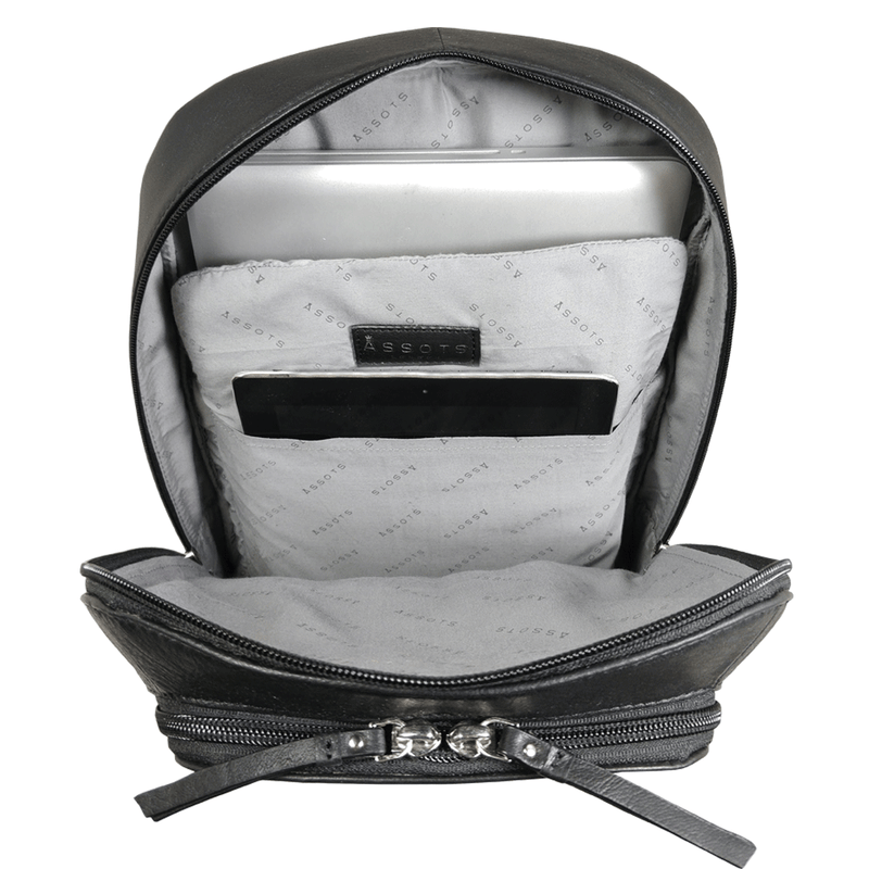 'BAKER' Black Full Grain Leather Double Zip Laptop Backpack