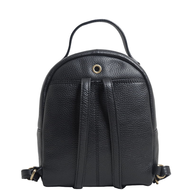 'Betty' Black Zip Top Mini Pebble Grain Leather Backpack