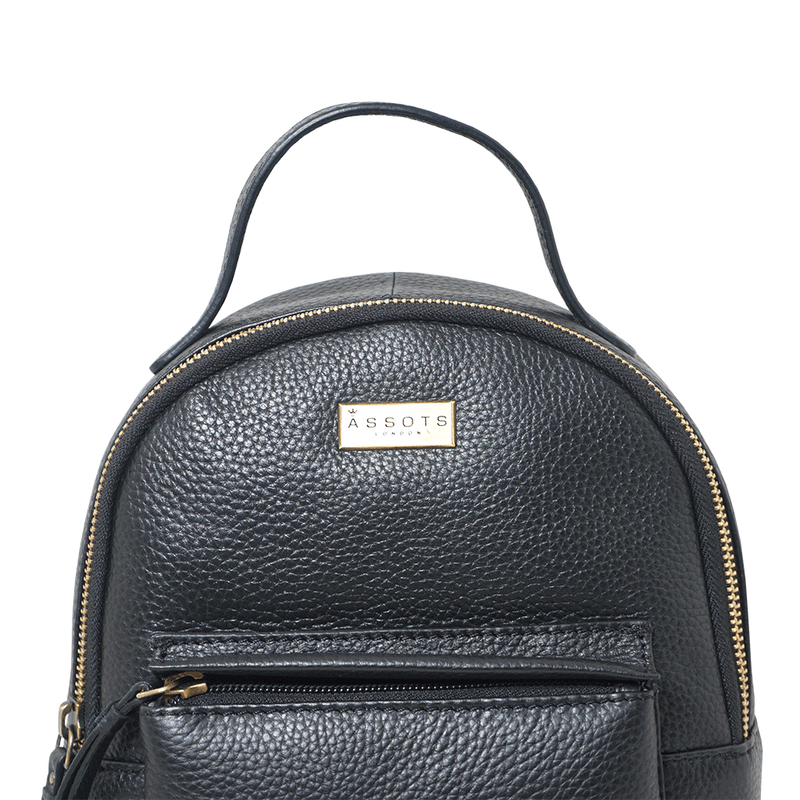 'Betty' Black Zip Top Mini Pebble Grain Leather Backpack