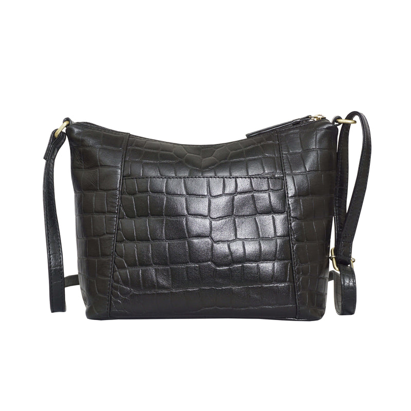 'CAROL' Black Croc Real Leather Designer Crossbody Shoulder Bag