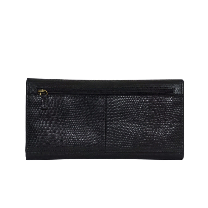 'CLAIRE' Black Lizard Designer Leather Flap Over Purse