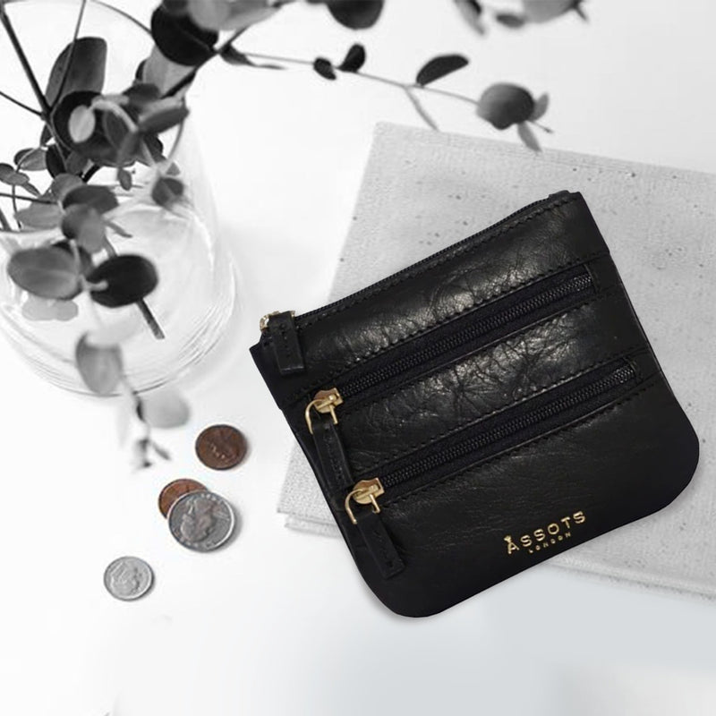 'LAURA' Black Soft Small Zip Top Leather Coin Purse
