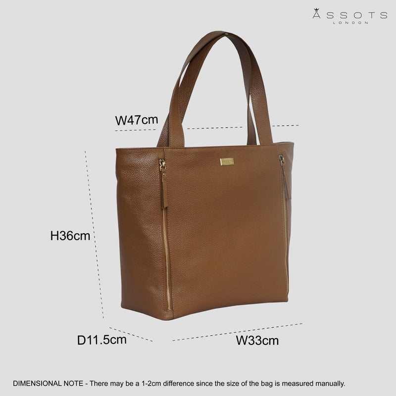 'CORDER' Tan Pebble Grain Real Leather Oversized Tote Bag
