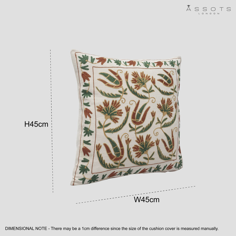Handmade Floral Embroidered Cotton Cushion Cover (Green & Brown)