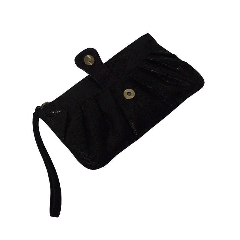 'DARCY' Black Pleated Snake Print Real Leather Wristlet Pouch