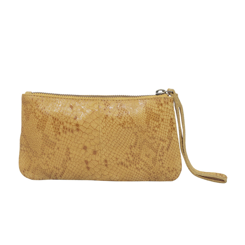'DARCY' Mustard Pleated Snake Print Real Leather Wristlet Pouch
