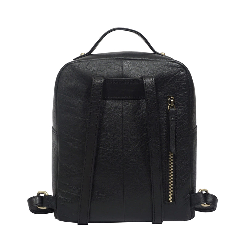 'DEBDEN' Black Full Grain Small Leather Zip-Top Backpack
