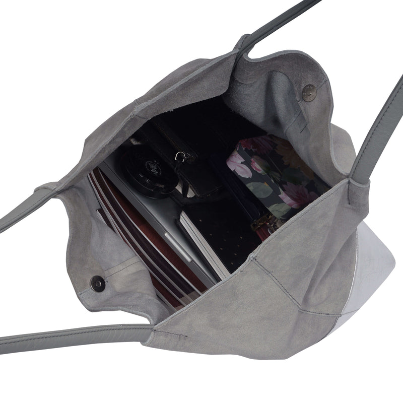 DONNA' Grey and Metallic Silver Real Leather Unlined Shopper Bag
